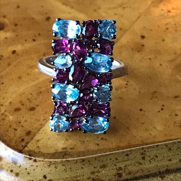 Natural Rhodolite Garnet Blue Zircon Sterling Silver Cocktail Ring Size 6 - Picture 1 of 9